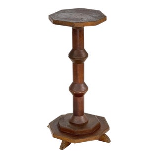 Antique 1890 Handmade Folk Art Wood Chunky Spool Victorian Edwardian Era Pedestal Plant Stand / Side Table For Sale