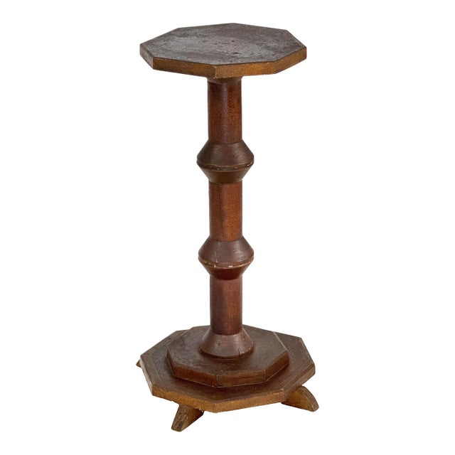 Antique 1890 Handmade Folk Art Wood Chunky Spool Victorian Edwardian Era Pedestal Plant Stand / Side Table For Sale