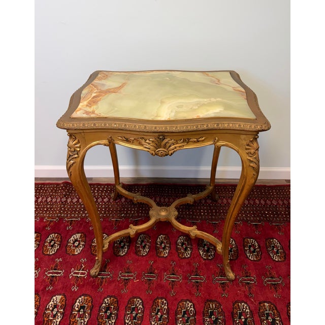 French Antique French Louis XVI-Style Giltwood Side Table With Natural Green Onyx Top For Sale - Image 3 of 10