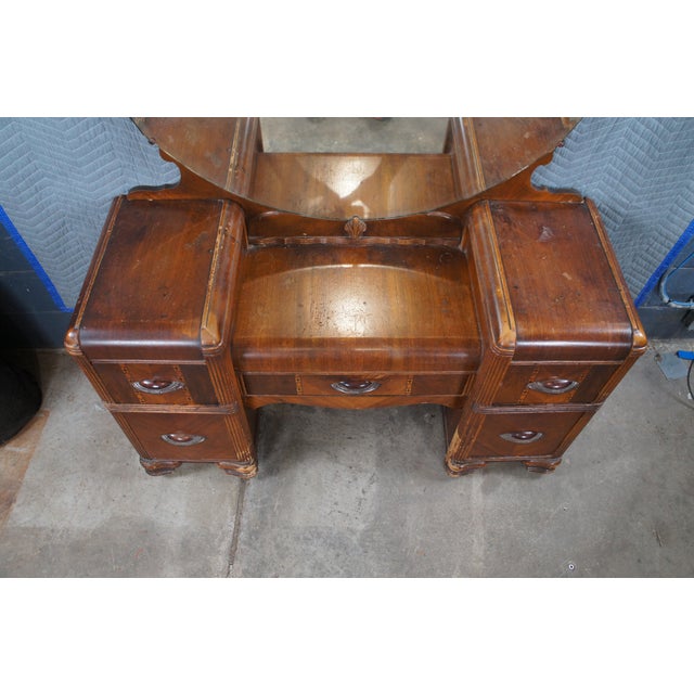 Antique Art Deco Waterfall Walnut Vanity Dressing Table W Round Mirror 68" For Sale - Image 4 of 12