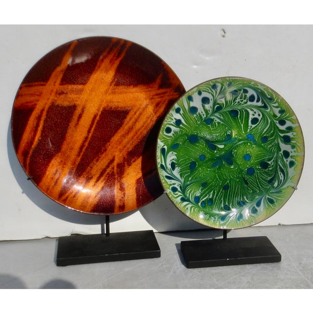 Mid-Century Modern MCM Enamel Trays on Steel Display Mounts- A Pair of 2 For Sale - Image 3 of 8