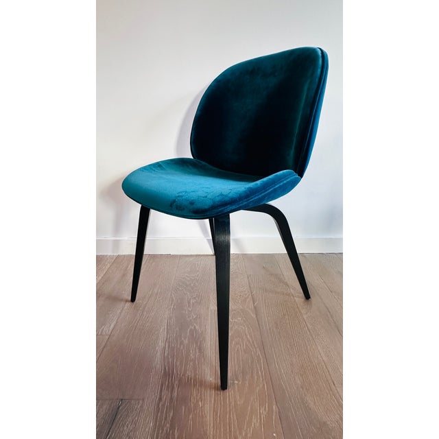 Contemporary Attributed Gubi Velvet Beetle Chairs With Black Oak Legs- Set of 6 For Sale - Image 3 of 8