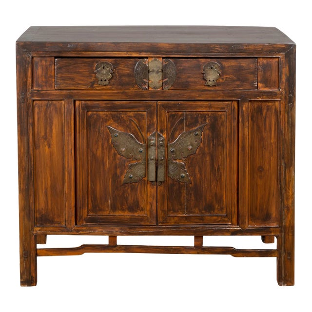 Antique Side Cabinet with Large Butterfly on Doors For Sale