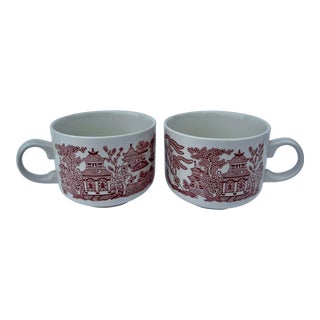 Vintage Churchill England Blue Willow Mugs in Red- a Pair For Sale