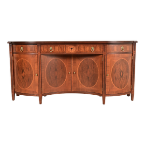 John Widdicomb Neoclassical Mahogany and Burl Wood Sideboard Credenza or Bar Cabinet, Newly Refinished