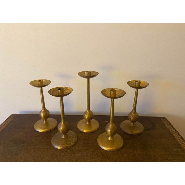 Set of 5 1960s Brass Candlesticks For Sale - Image 4 of 4