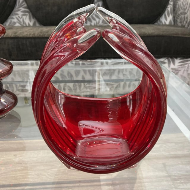 Vintage Red Cased Glass Chalet Sculptural Basket For Sale - Image 4 of 9