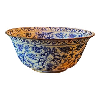 Extra Large Blue and White Chinoiserie’ Centerpiece Bowl With Brass Rim For Sale