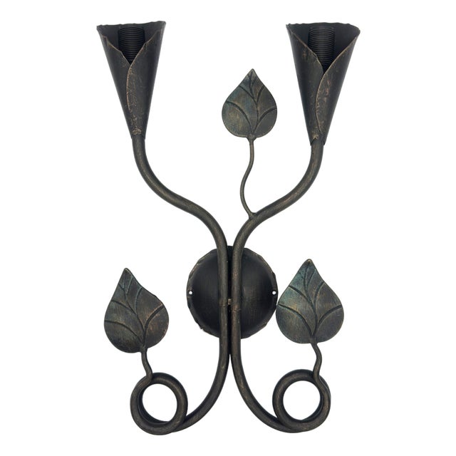 Hand-Forged Wrought Iron Double Wall Sconce Body (Botanical Twin Lily Motif) Artistic Fixture For Sale