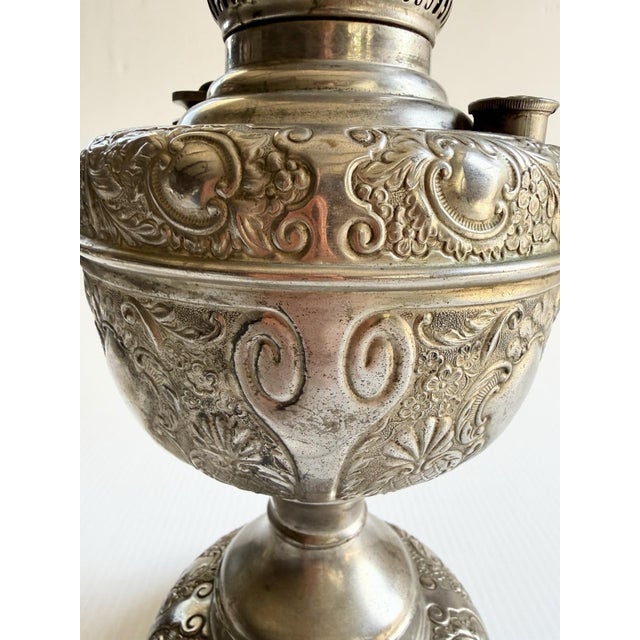 The Meteor Silver Repousse Antique Oil Lamp, Converted to Electric For Sale - Image 4 of 18