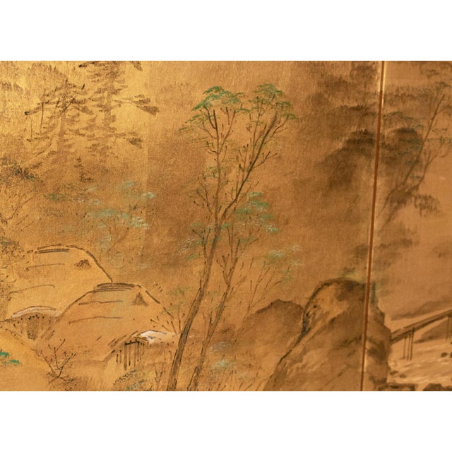 1960s Shōwa Era Japanese Byobu Screen "Landscape With Bridge" on Gold Background For Sale - Image 10 of 18