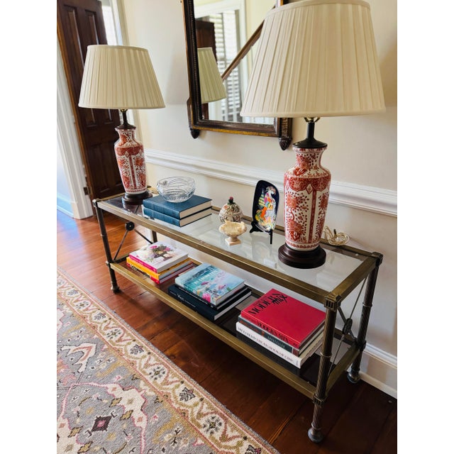 Vintage Neo-Classical Aged Brass Two Tier Console Table For Sale - Image 9 of 12