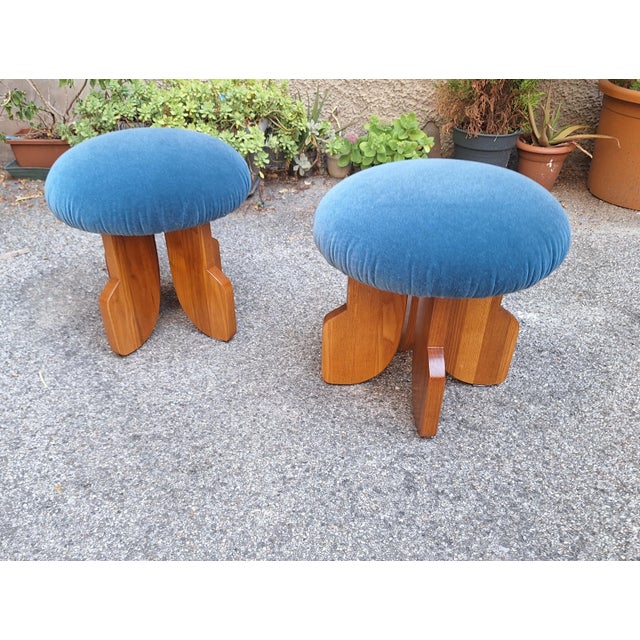 Modern Poufs in Light Wood and Blue Velvet Fabric from Artigianato Italiano, Set of 2 For Sale - Image 6 of 6