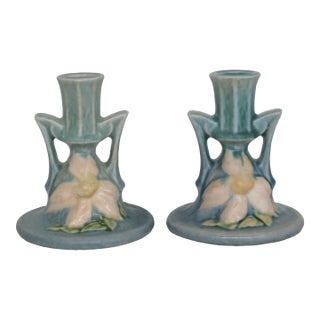 Roseville Pottery Clematis Ceil Blue Candlestick Holders 1159 a Pair 4687b For Sale
