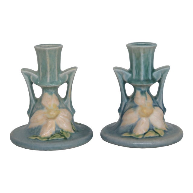 Roseville Pottery Clematis Ceil Blue Candlestick Holders 1159 a Pair 4687b For Sale
