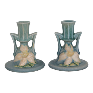 Roseville Pottery Clematis Ceil Blue Candlestick Holders 1159 a Pair 4687b