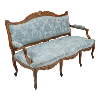 Vintage French Louis XV Style Blue Damask Settee With Carved Frame For Sale