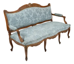 Vintage French Louis XV Style Blue Damask Settee With Carved Frame