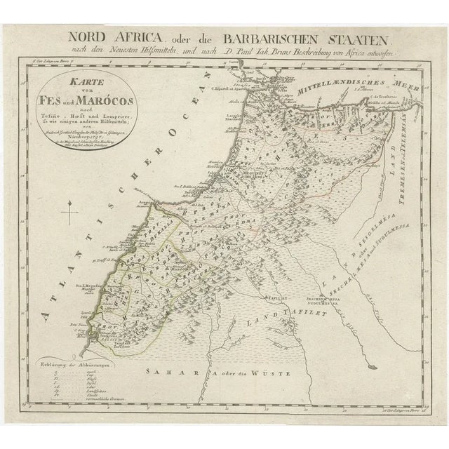 Antique map titled 'Karte von Fes und Marócos (\.)'. Original old map of Fez (or Fes) and Morocco. Also shows the Strait...