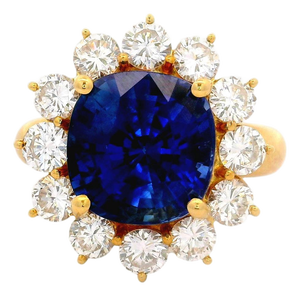 7.11 Carat Blue Sapphire Diamond 18k Yellow Gold Halo Ring, Gia Certified, Size 7.5