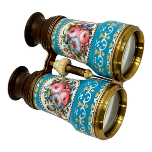 Outstanding & Very Rare Antique Fancy Ladies French Enamel, Brass & Gutta Percha Binoculars - Circa Mid 19th Century