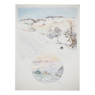 René Leverd, Sledding at Sunset in Lagnau, Watercolor For Sale