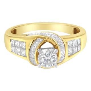 14K Two-Toned Gold Round, Baguette and Princess Cut Diamond Ring (1 1/8 Cttw, H-I Color, SI2-I1 Clarity) - Size 6 For Sale
