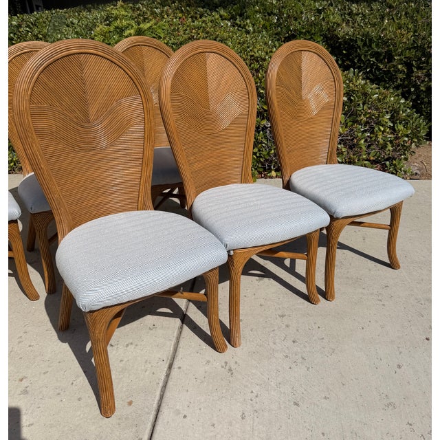 Vintage Rattan Pencil Reed Dining Chairs, a Set of 6 With New Schumacher Upholstery For Sale In San Diego - Image 6 of 12
