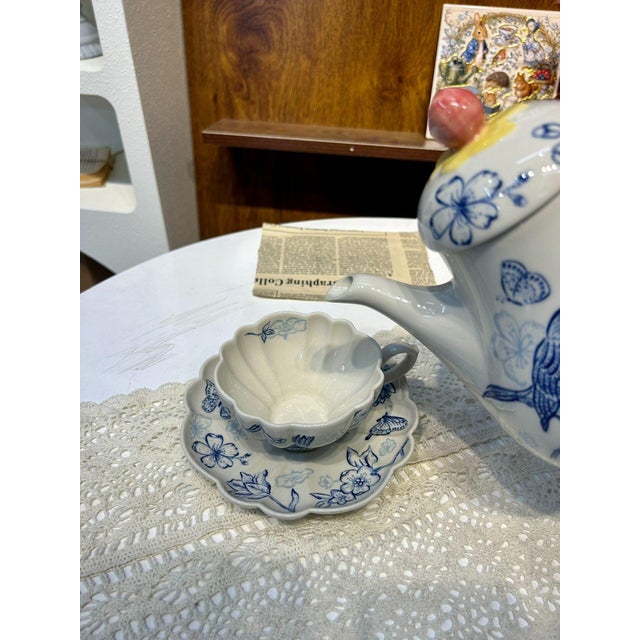 Vintage Blue-and-White Ceramic Tea Set With Bird Motif - 3 pcs For Sale - Image 4 of 6