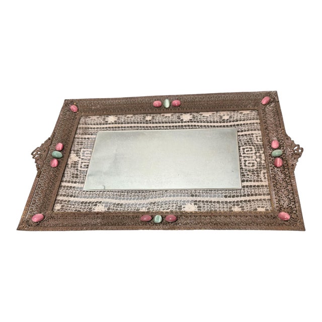 Vintage Jewel Decorated Reticulated Metal Framed Mirrored Vanity Dresser Tray For Sale