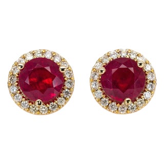 3.6cts, 7mm Madagascar Ruby and Diamond Halo Earrings in Solid 14k Gold- 2 pieces For Sale