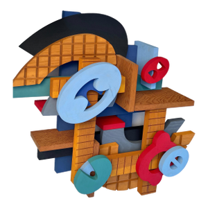 John Okulick, Large Abstract Wood Sculpture Colorful Wooden Painting John Okulick Wall Hanging
