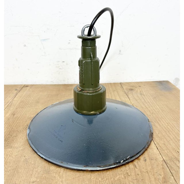 Industrial Blue Enamel Military Pendant Lamp with Cast Aluminium Top, 1960s For Sale - Image 9 of 16