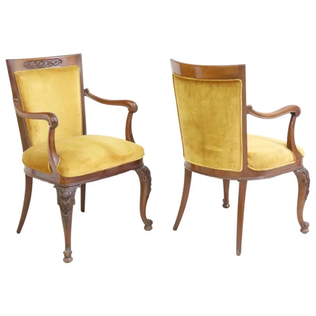 Traditional 1900's Vintage Continental Carved Mahogany Yellow Velvet Armchairs- Set of 8 For Sale - Image 3 of 9