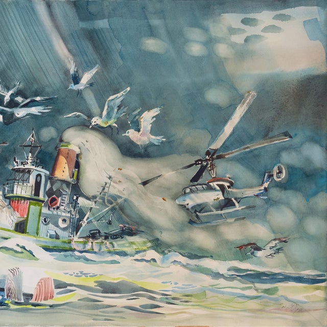 Modern 'Out at Sea', Children's Animal Adventure Fantasy Seascape, Cat and Seagulls For Sale - Image 3 of 10