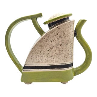 Signed D. Kite Postmodern Studio Ceramic Teapot Green Speckle 7.5" For Sale