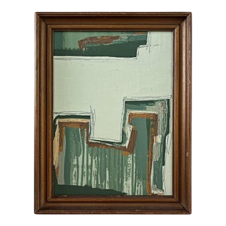“Cabin Fern" Green Abstract Art in Antique Frame, Transitional Living Room Art by JTS For Sale