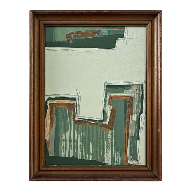“Cabin Fern" Green Abstract Art in Antique Frame, Transitional Living Room Art by JTS For Sale