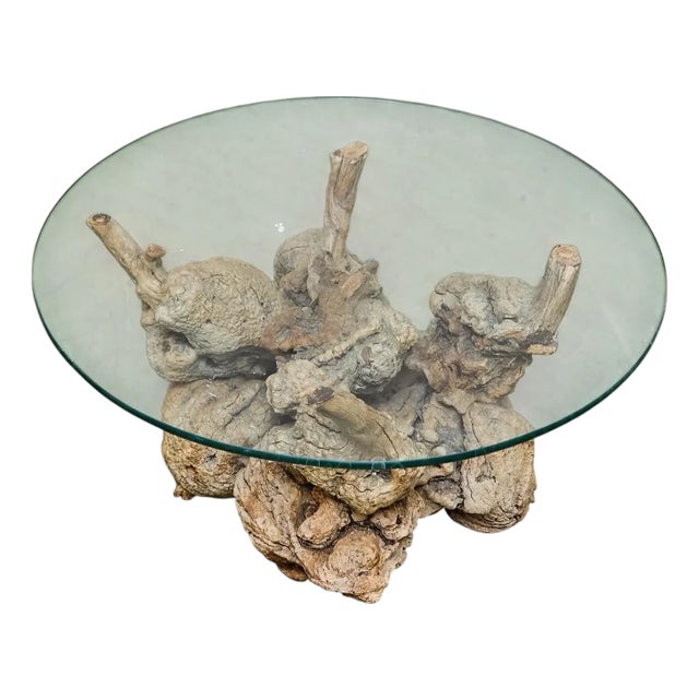 Petrified 1960s Brown Wood Coffee Table Glass Top For Sale
