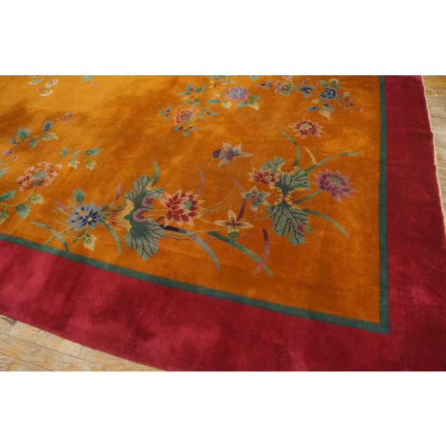 1920s 1920s Burnt Orange Floral Antique Chinese Art Deco Carpet 8'8'' X 11'4'' Knotted Pile Wool Rug For Sale - Image 5 of 12