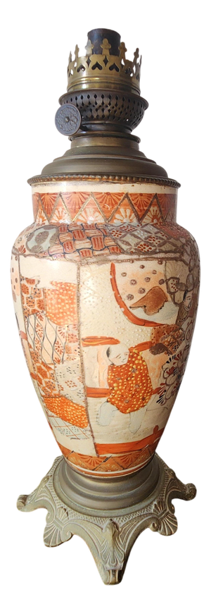Antique Japanese Satsuma Moriage Oil Lamp, 1890s