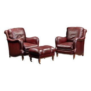 Late 20th Century Pair of Plush Leather Armchairs With Ottoman in Burgundy For Sale