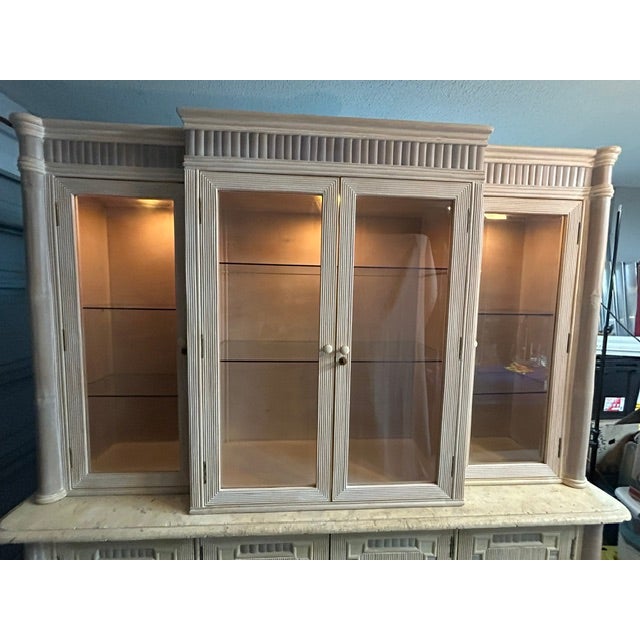 Coastal Late 19th Century Coastal Reeded Bamboo Buffet Cabinet Travertene Top and Display Hutch For Sale - Image 3 of 6