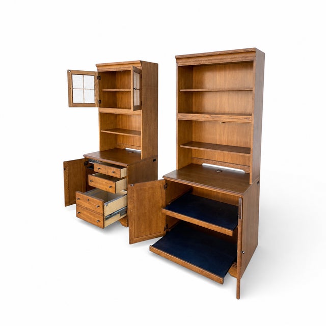 Transitional 1990s Pair of Cottage Style Oak Hutch Cabinets With Glass Doors For Sale - Image 3 of 18