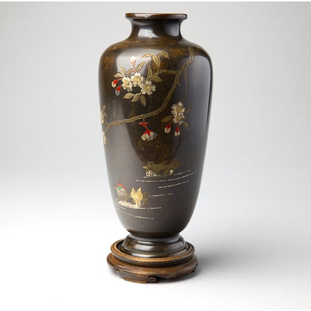 19th Century Japanese Meiji Bronze Vase, Mixed-Metal Inlay, Mandarin Ducks and Prunus, Signed, With Stand For Sale - Image 11 of 12