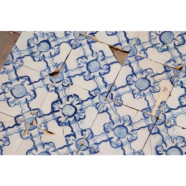 Antique 18th Century Portuguese Blue & White Tiles Set of 61 With Repeating Floral-Geometric Pattern For Sale - Image 4 of 18