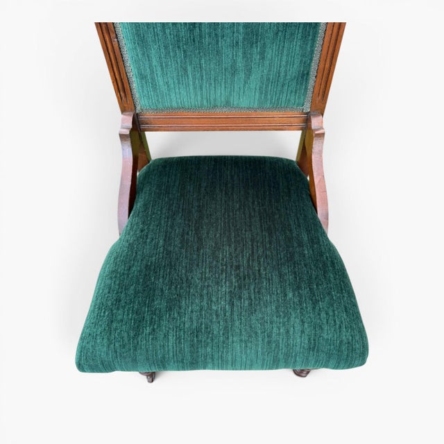 Green Antique 1880s Eastlake Chairs • Carved Victorian Pair • Green Velvet Upholstery For Sale - Image 8 of 12