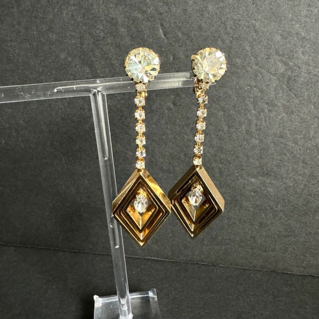 Vintage Rhinestone Drop Earrings Gold Tone Diamond Dangle Drop Clip-on Festive Cocktail For Sale - Image 6 of 8
