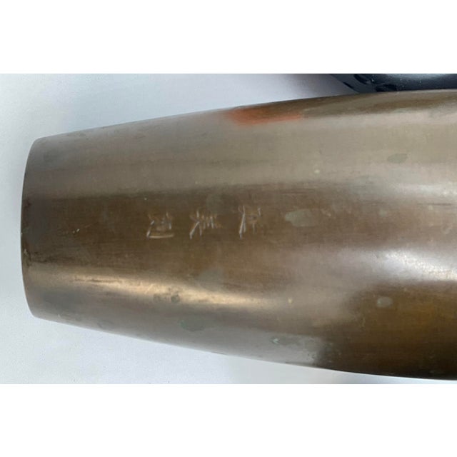 Vintage Japanese Silver Inlaid Bamboo Design Bronze Vase Set of 2 Meiji Period For Sale - Image 9 of 17