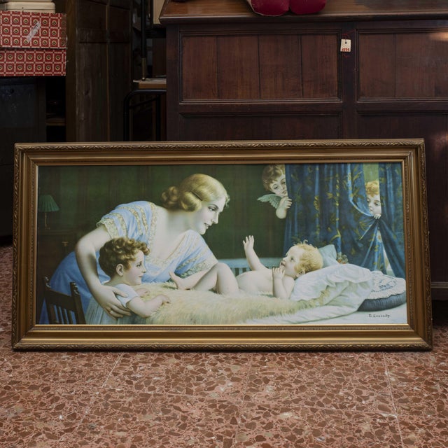 1930s Bedtime Scene Lithograph on Canvas with Frame, Italy, 1930 For Sale - Image 5 of 5